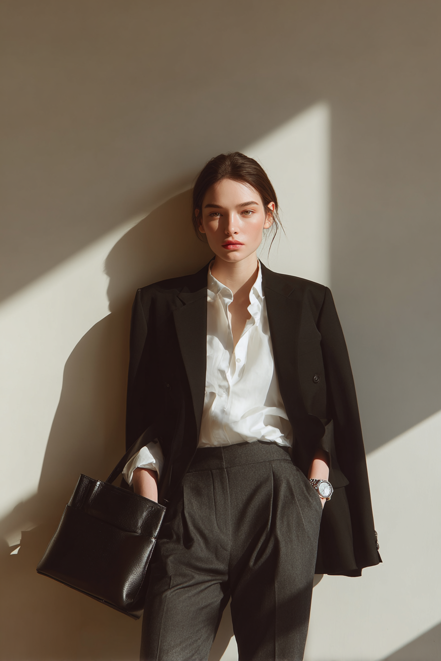 A woman in a tailored black blazer and crisp white shirt, paired with high-waisted tailored trousers in charcoal gray. She's accessorized with a minimalist silver watch and carrying a sleek leather handbag. Soft natural window light highlights the elegant outfit, set against a cream wall background, presenting a sophisticated mood that radiates confidence and style. --ar 2:3 --v 7 --style raw