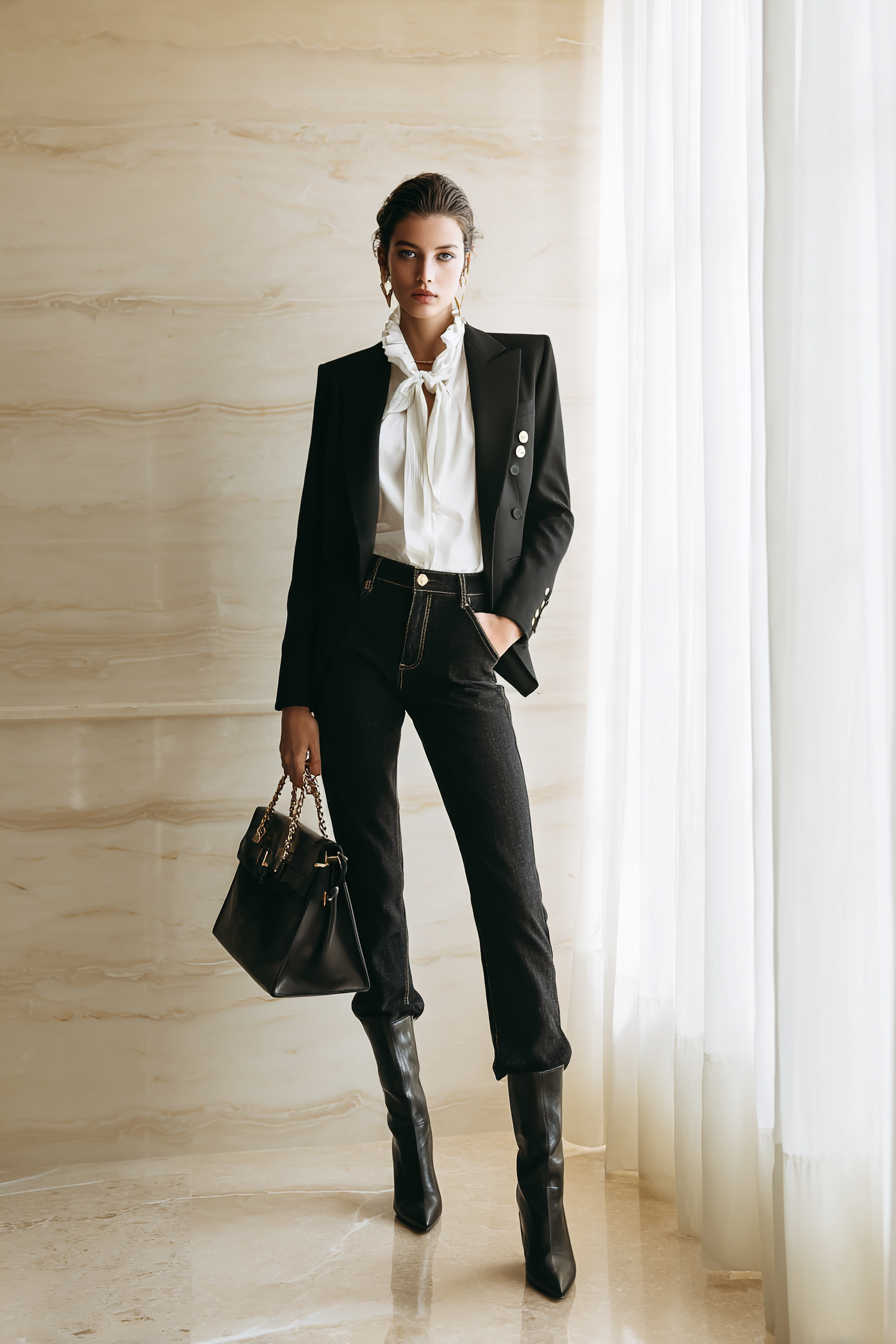 Imagine a model in a tailored black blazer with a white fitted blouse underneath, paired with high-waisted straight-leg denim. She completes the look with elegant ankle boots and a classic leather handbag. The scene is softly lit by natural window light against a creamy marble background, capturing an effortlessly chic vibe --ar 2:3 --v 7 --style raw