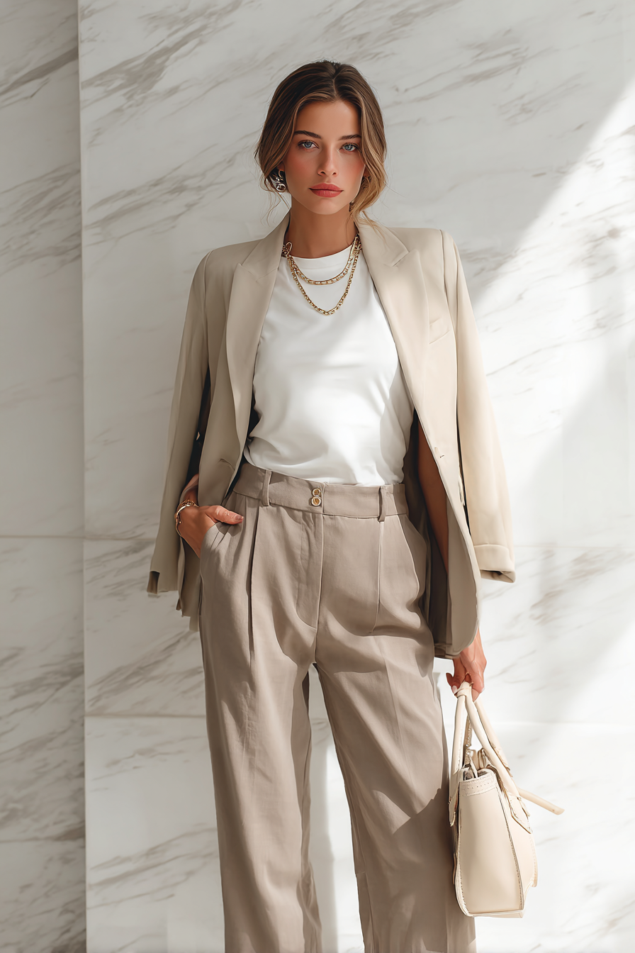 A woman in an elegant, tailored beige blazer over a simple white fitted blouse, paired with high-waisted wide-leg trousers in soft taupe. She accessorizes with a minimalist gold necklace and a cream leather handbag, standing gracefully against a marble background, illuminated by soft natural light.