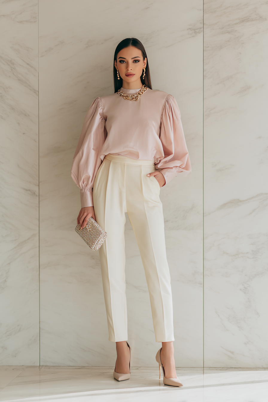An elegant woman wearing a soft pastel pink blouse with billowy sleeves, paired with tailored cream trousers and stylish beige pumps, accessorized with a delicate gold necklace and a matching clutch, standing gracefully against a minimal marble background with soft natural light --ar 2:3 --v 7 --style raw