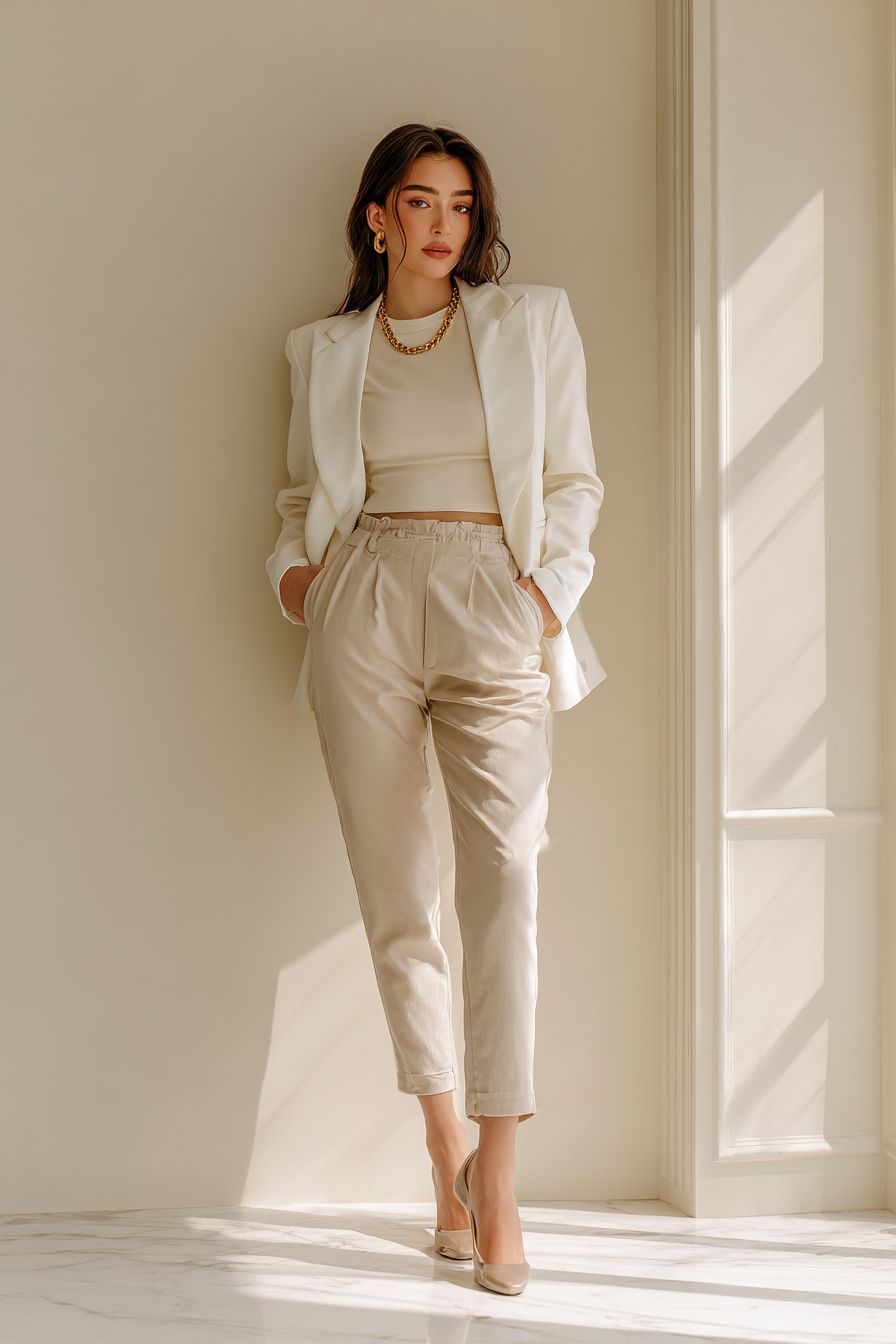 A petite woman in an elegant fitted blazer, paired with high-waisted tailored trousers in soft beige, accessorized with a minimalist gold necklace and sleek leather heels. The soft natural light filters through a window, creating a serene atmosphere against a cream wall background.