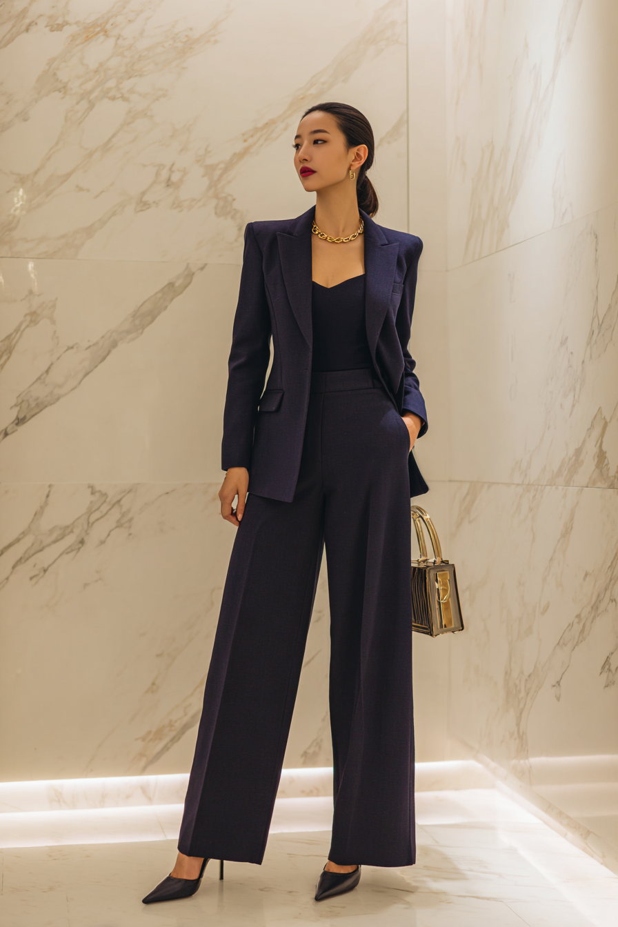 A tall woman wearing a fitted tailored blazer in navy, paired with high-waisted wide-leg trousers and elegant pointed-toe heels. She accessorizes with a delicate gold necklace and carries a structured handbag. The setting is a softly lit room with a clean marble background, capturing her poised stance. --ar 2:3 --v 7 --style raw