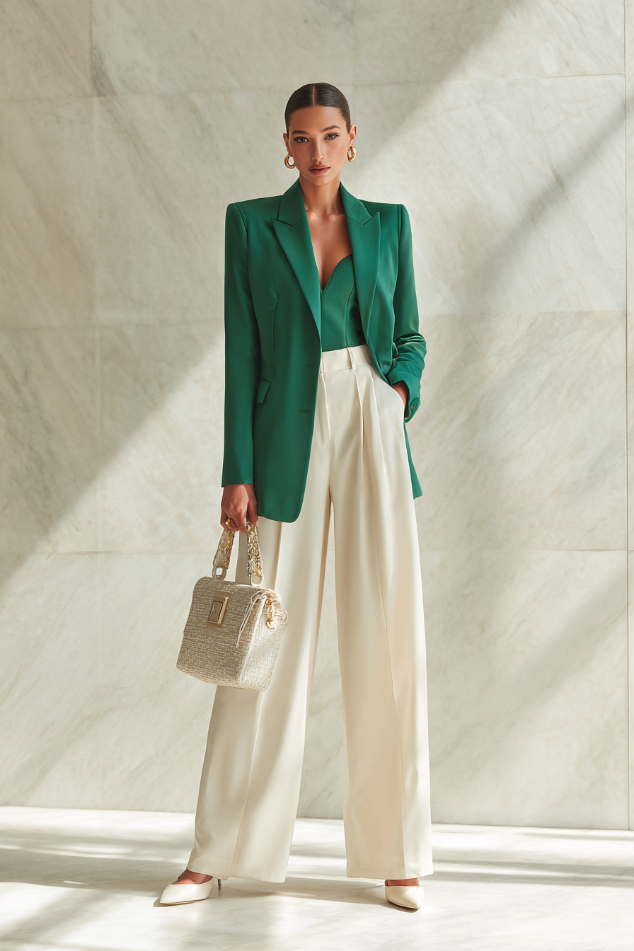 A full-body model wearing a tailored blazer in rich emerald green, paired with high-waisted wide-leg trousers in cream, and stylish pointed-toe heels. The look is completed with subtle gold hoop earrings and a structured handbag. The setting features soft natural window light and a clean marble background, creating an effortlessly elegant mood --ar 2:3 --v 7 --style raw