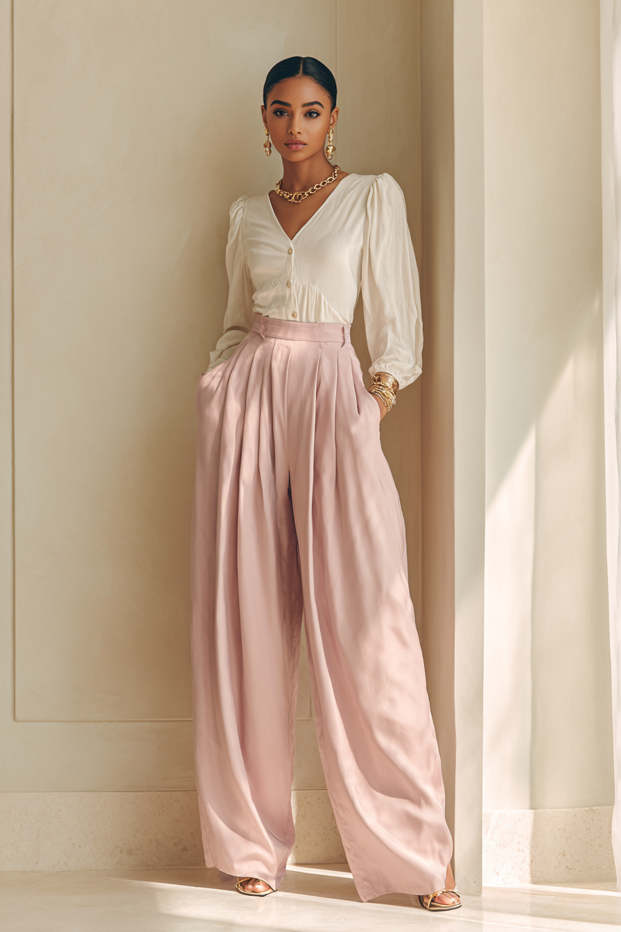 A full-body model in an elegant fitted blouse paired with high-waisted palazzo trousers in a soft blush pink.