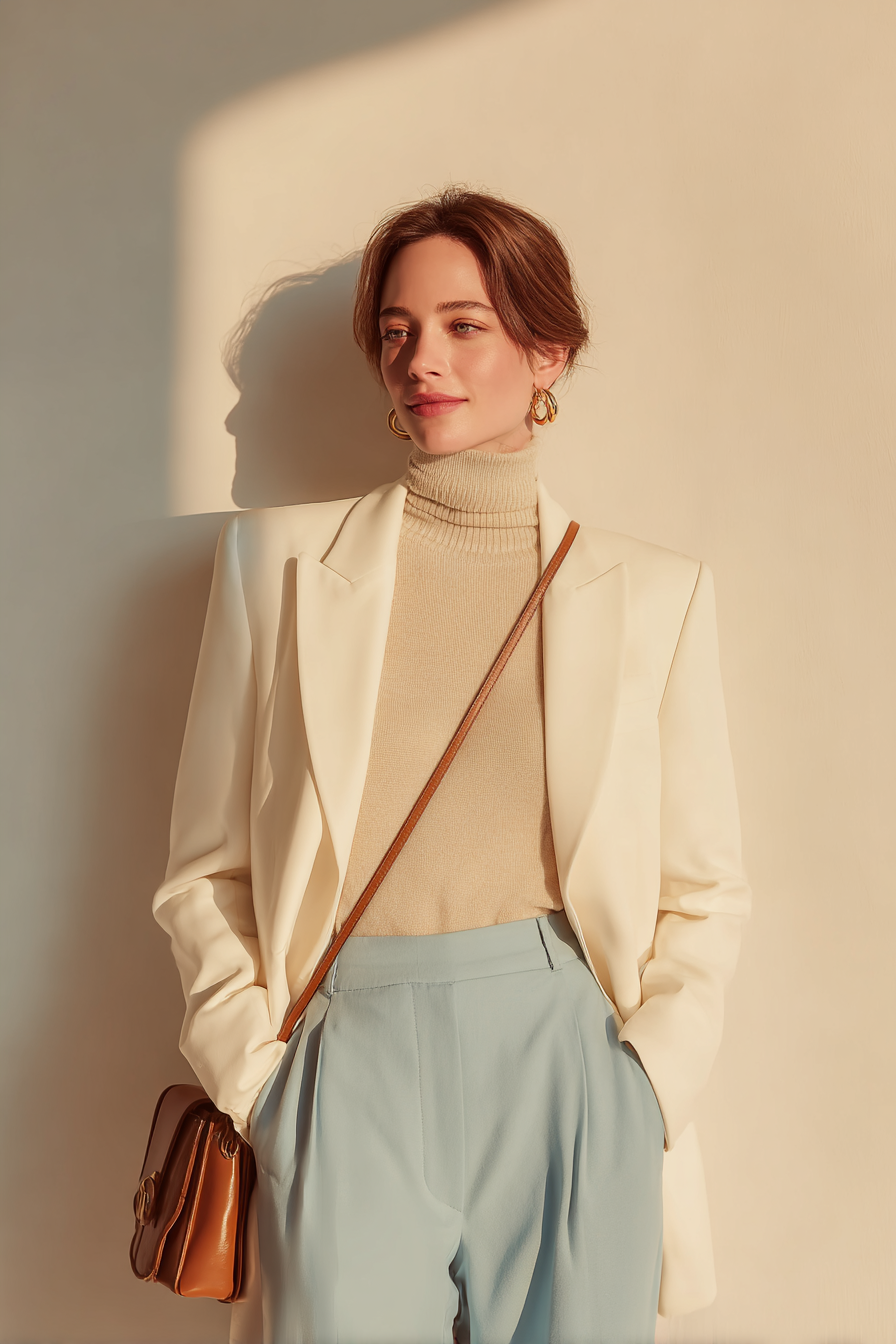 A woman wearing a tailored cream blazer over a light beige cashmere turtleneck, paired with high-waisted tailored trousers in soft pastel blue. She accessorizes with minimalist gold hoop earrings and a sleek leather crossbody bag, standing elegantly against a soft cream wall. The natural light casts soft shadows, creating an inviting atmosphere.