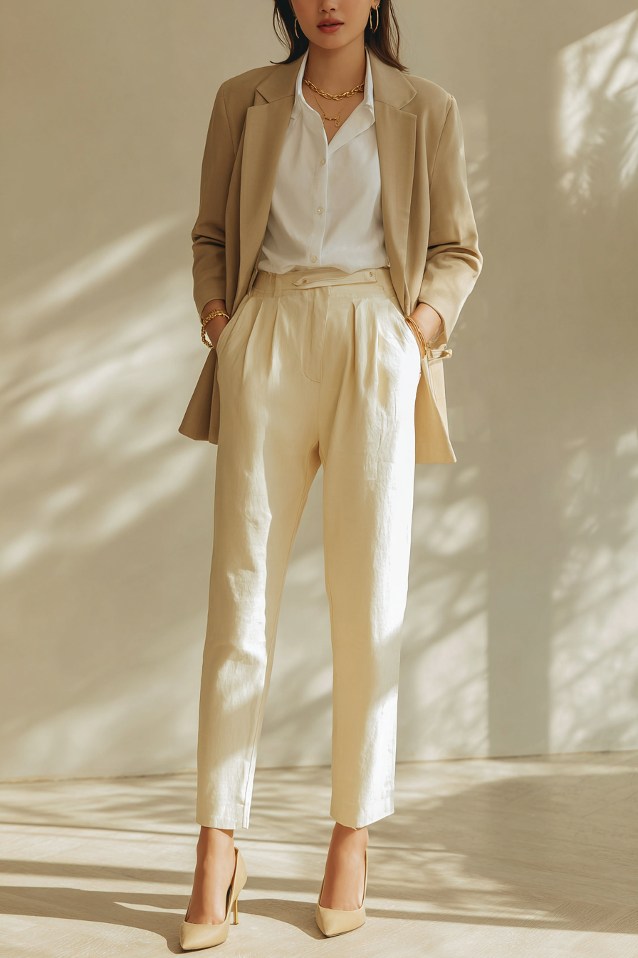 A full-body model featuring a tailored beige blazer over a crisp white shirt, paired with high-waisted cream trousers. The look is completed with elegant beige pumps and minimalist gold jewelry. The setting is a soft bokeh background with natural window light casting a warm glow. The color palette is neutral and cohesive, reflecting understated luxury. --ar 2:3 --v 7 --style raw