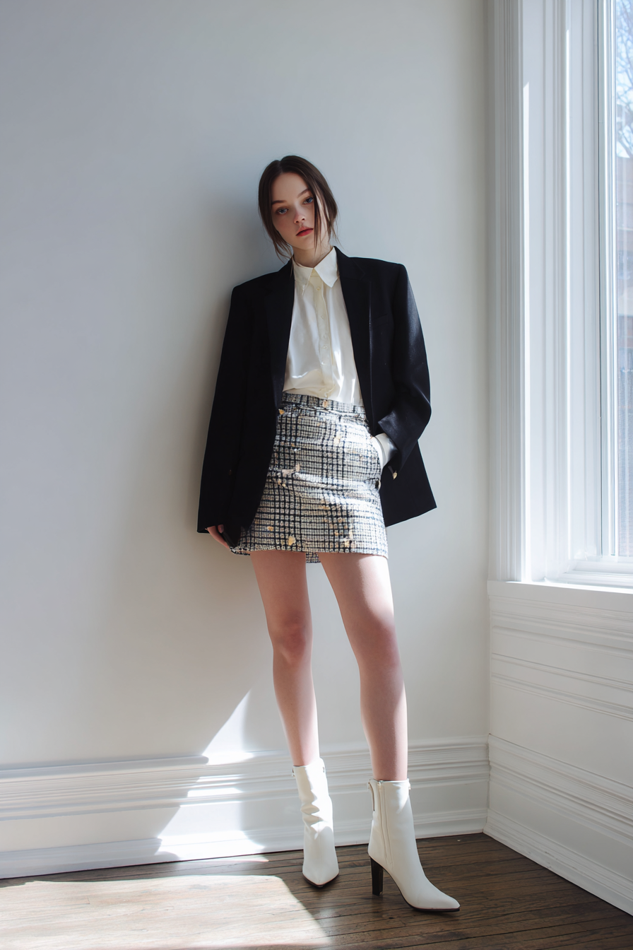 An elegant woman wearing a sophisticated charcoal grey double-breasted blazer over a light silk turtleneck, paired with tailored trousers and pointed-toe loafers, exuding luxury, positioned in a softly lit room with neutral bokeh backdrop --ar 2:3 --v 7 --style raw