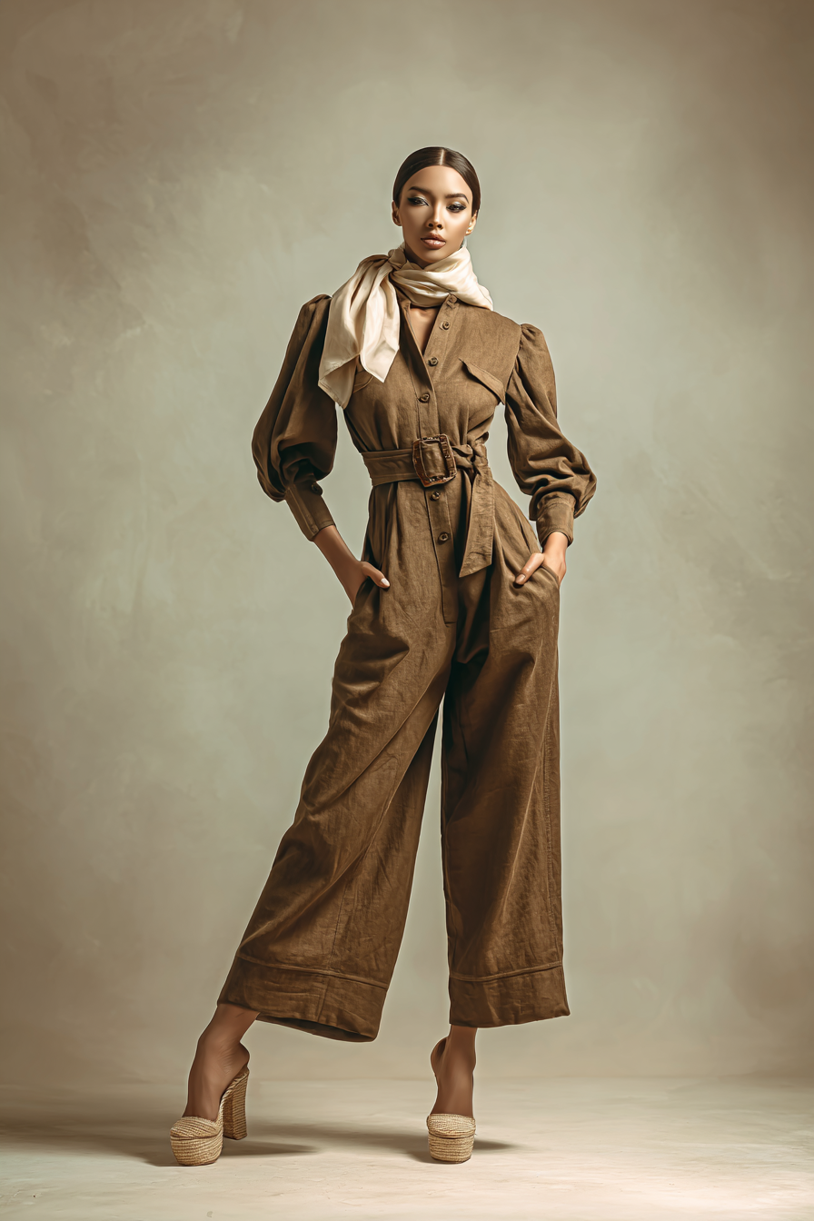 A full body shot of a model dressed in a flowing white midi dress with billowy sleeves and a cinched waist, paired with tan strappy sandals. The outfit is accessorized with a delicate gold necklace and a light earth-toned clutch, positioned in front of a soft bokeh background.