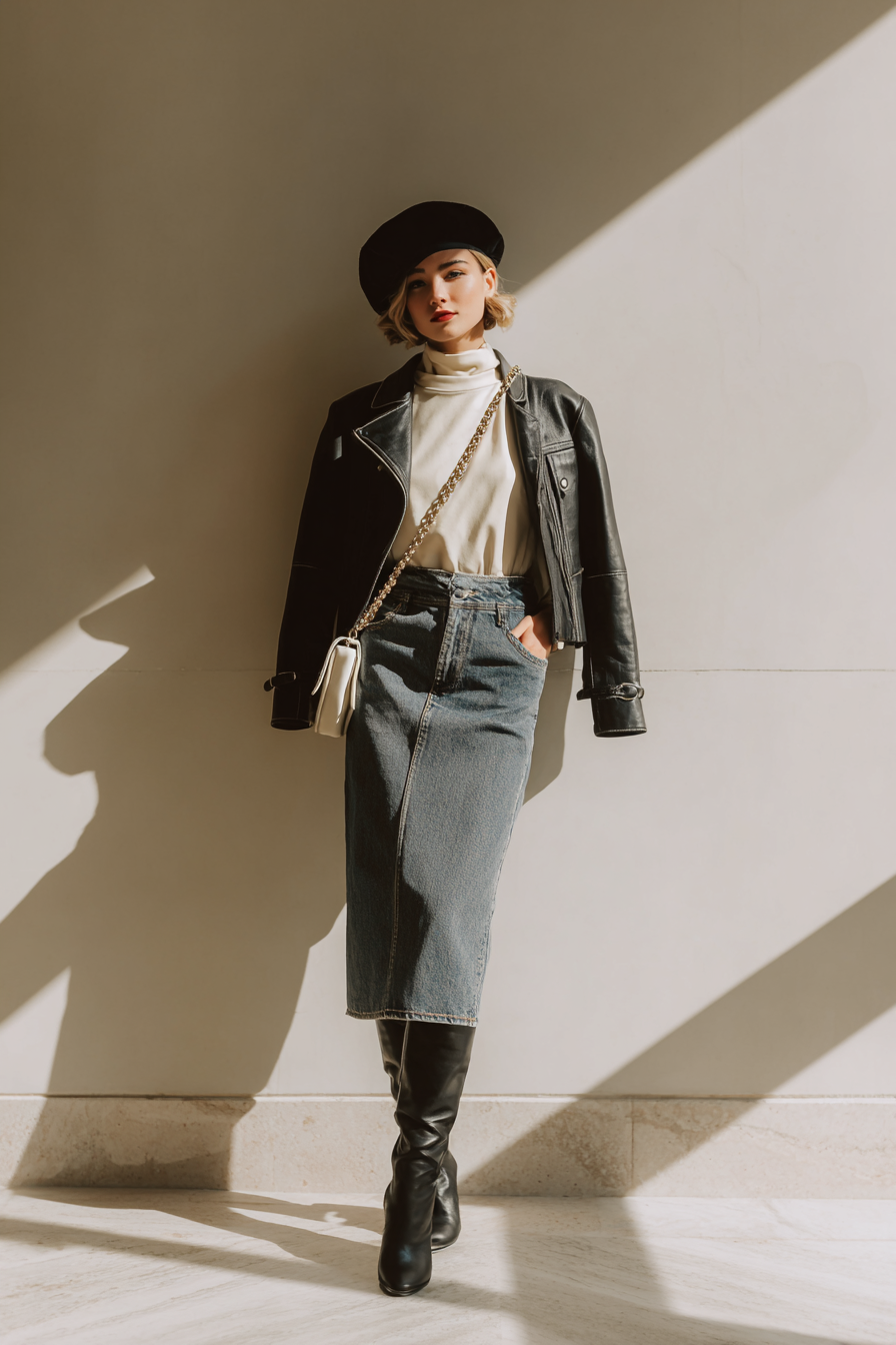 An elegant woman wearing a structured navy blazer over a simple grey turtleneck, paired with fitted dark jeans and chic ankle boots, accessorized with a delicate gold necklace and a sleek handbag, posing in soft natural window light with marble background, radiating a sophisticated street style --ar 2:3 --v 7 --style raw