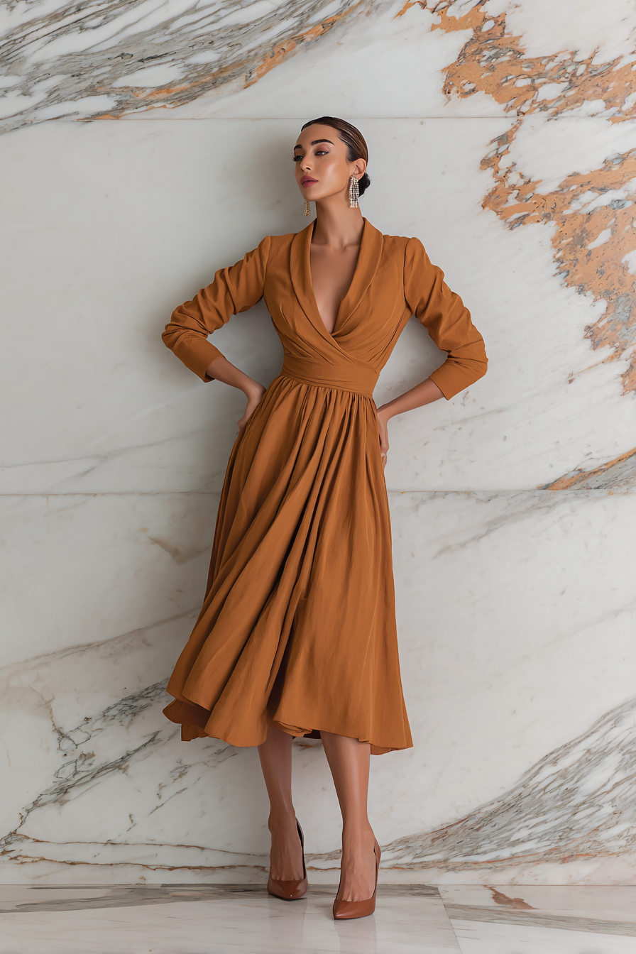 An elegant woman wearing a fitted blouse tucked into a high-waisted A-line skirt with delicate floral prints. She accessorizes with understated jewelry and a luxurious leather tote bag, evoking a sense of modern sophistication. The scene is lit with professional studio lighting, placed in front of a clean cream wall, highlighting the soft colors of the outfit --ar 2:3 --v 7 --style raw