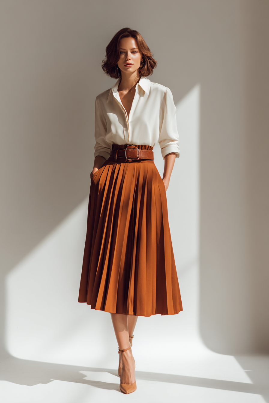 A fashion-conscious woman in a luxurious camel-colored oversized knit sweater, layered over a fitted white blouse, styled with a flowing burgundy midi skirt and knee-high brown leather boots. The scene features soft natural light and a minimal cream wall backdrop, highlighting the cozy yet sophisticated outfit --ar 2:3 --v 7 --style raw