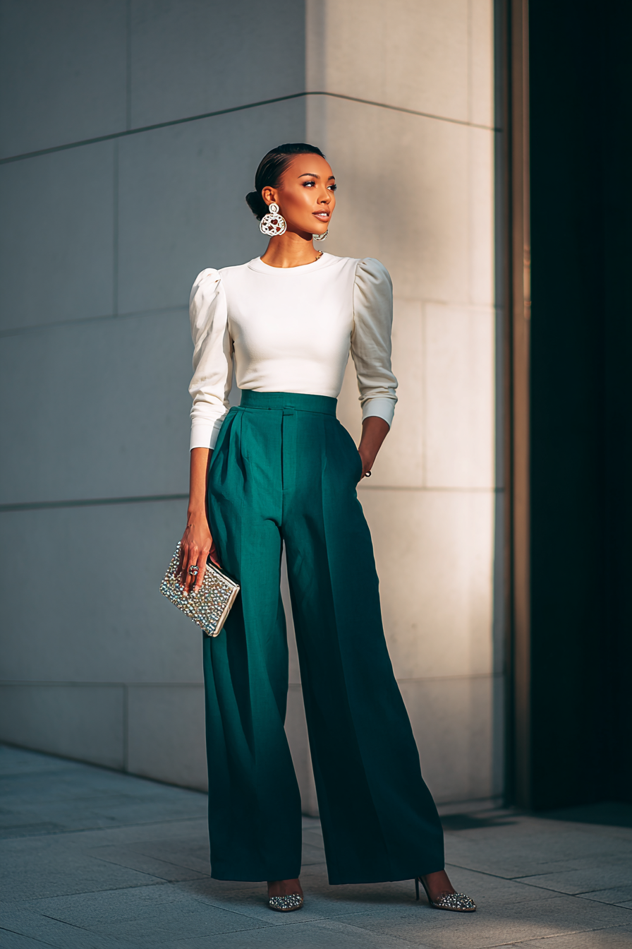 A woman in a structured white blouse tucked into tailored, high-waisted pastel trousers, paired with elegant beige loafers. Her look is completed with minimalist silver earrings and a matching handbag. The neutral cream wall background enhances the sophistication of her outfit, illuminated by warm window light. --ar 2:3 --v 7 --style raw
