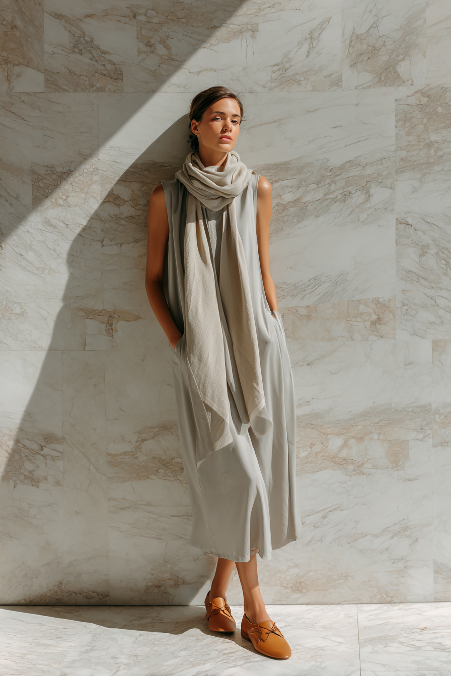 An elegant woman in a structured white dress with clean lines, paired with beige block-heeled sandals and a soft grey cardigan draped elegantly over her shoulders. She poses gracefully in a minimalistic setting, illuminated by soft studio light that enhances the luxurious feel of the outfit. --ar 2:3 --v 7 --style raw