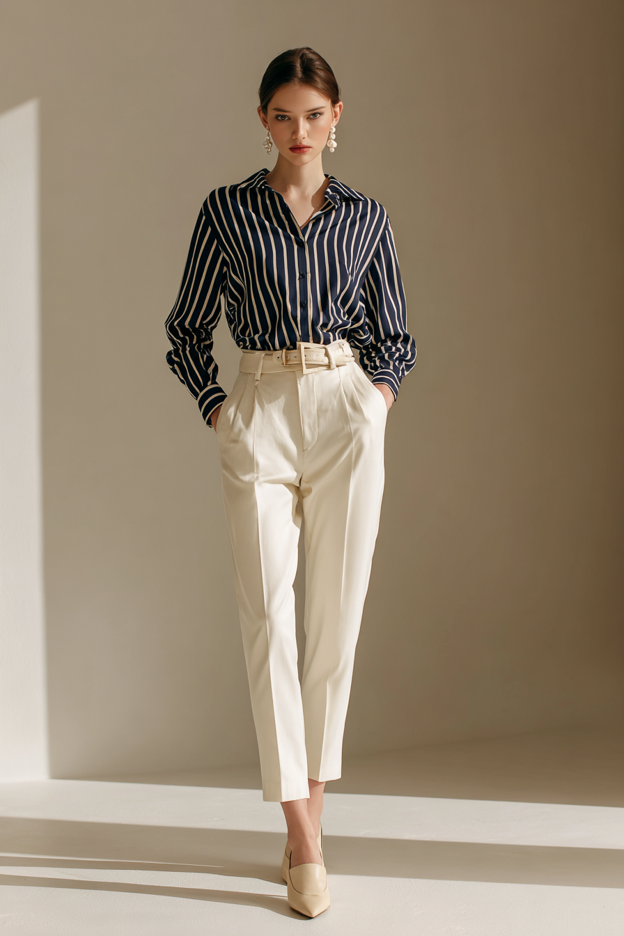 An elegant look showcasing a fitted white cashmere turtleneck layered under a structured, camel wool coat. This outfit features tailored plaid trousers and pointed-toe ankle boots, finished with a delicate silver bracelet. The background is a clean cream wall, softly lit for an aspirational vibe. --ar 2:3 --v 7 --style raw