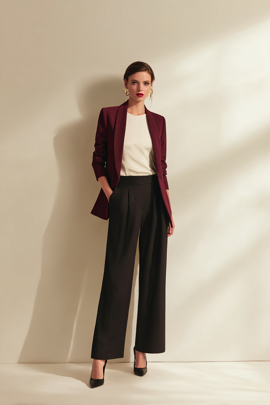 A polished ensemble with a fitted black dress that features structured shoulders, paired with a statement belt, and pointy-toed kitten heels. The model stands in a neutral marble setting, with soft window light highlighting her warm brown skin tone. Completing the look with an oversized blazer draped casually, this outfit exudes effortless elegance. --ar 2:3 --v 7 --style raw