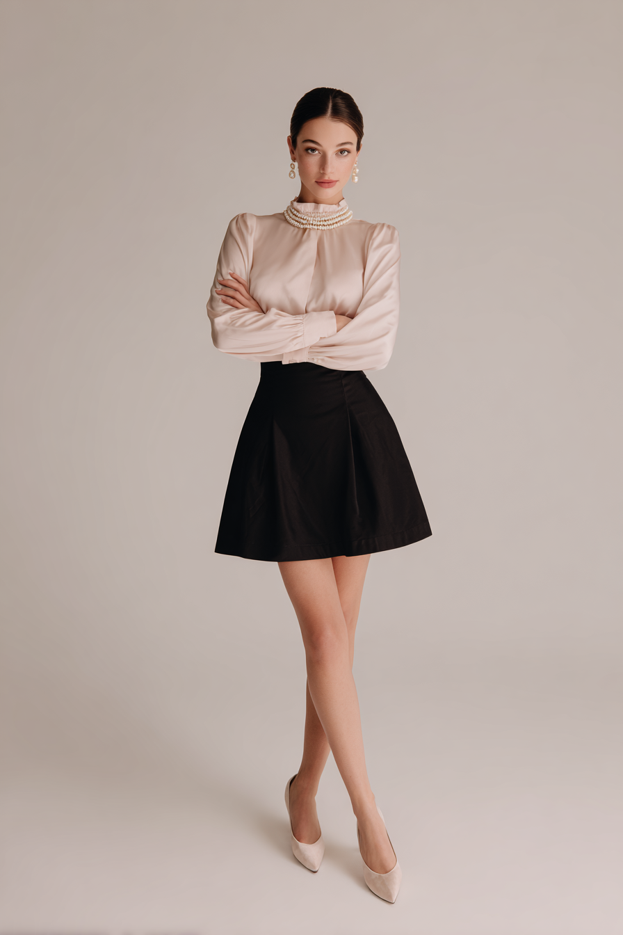 A full-body model dressed in a flowing midi dress in muted olive green with a cinched waist and long, billowy sleeves. Paired with ankle boots in tan leather, the look is completed with a woven purse and subtle hoop earrings. The model poses against a sleek marble backdrop, enhanced by soft studio lighting, giving an aura of effortless luxury --ar 2:3 --v 7 --style raw