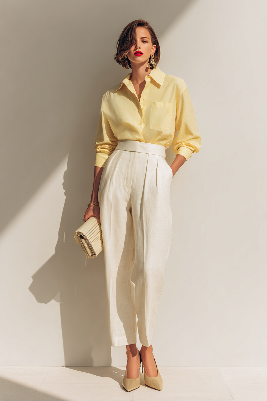 A tailored outfit featuring structured white shorts and a light blue fitted blouse, accessorized with gold hoop earrings and a woven tote. The model has a porcelain skin tone, showcasing effortless style against a minimal marble background, captured in soft natural light. Ideal for city exploration during summer, vertical format --ar 2:3 --v 7 --style raw