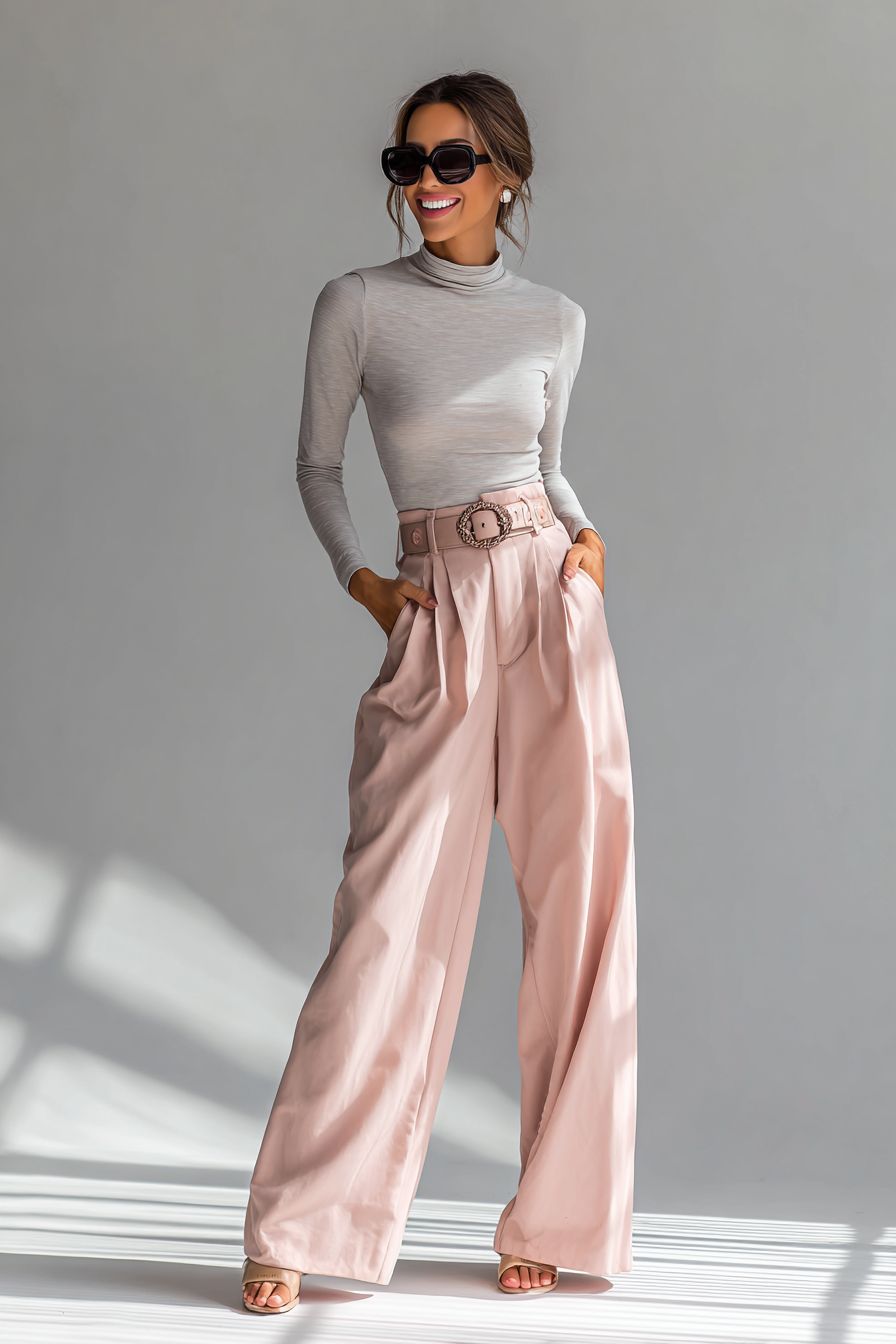 A graceful model in beige wide leg pants, complemented by a chic black tailored top and statement earrings, exuding elegance with a soft pastel scarf draped over her shoulders, captured in gentle studio light with a clean cream wall backdrop --ar 2:3 --v 7 --style raw