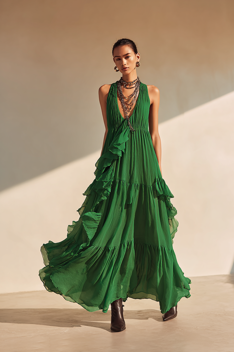 An elegant navy blue maxi dress with a fitted bodice and flowing skirt, accessorized with statement gold earrings and sleek heels. Model with porcelain skin poses gracefully in a minimalist marble setting, showcasing the dress’s luxurious fabric.