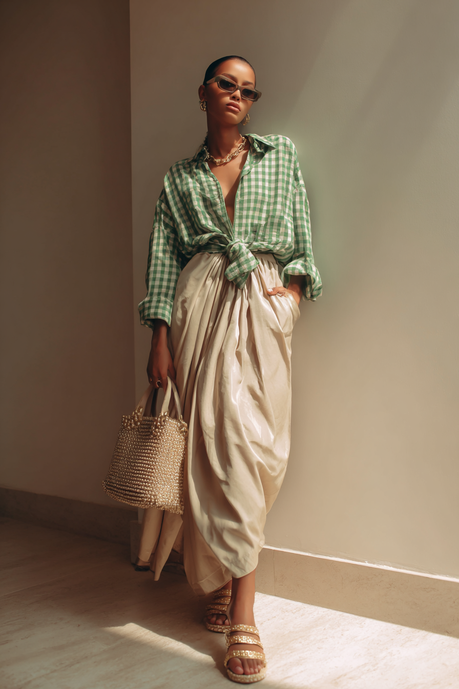 A fashion-forward woman wearing a light blue oversized shirt over a fitted black turtleneck, with structured black leather shorts and ankle boots, posed in a bright studio setting with soft bokeh background