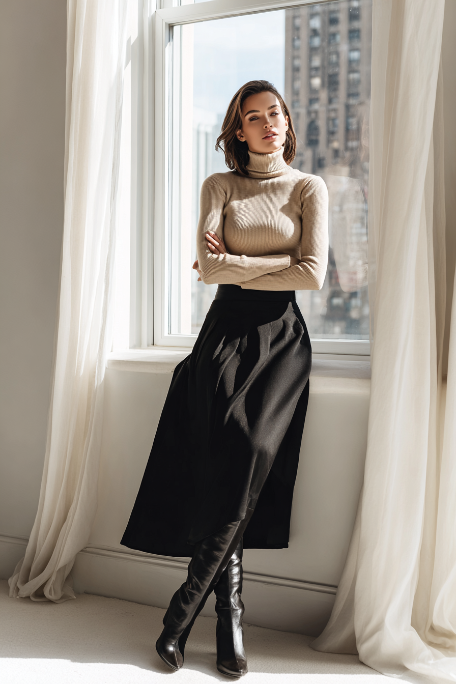 A fashionable woman in a deep emerald green silk midi skirt paired with a tailored black top and statement earrings. She sits on a plush chair, softly illuminated by professional studio light, showcasing the luxuriously soft fabric and elegant design. The background features a clean, neutral tone, enhancing the sophisticated look.