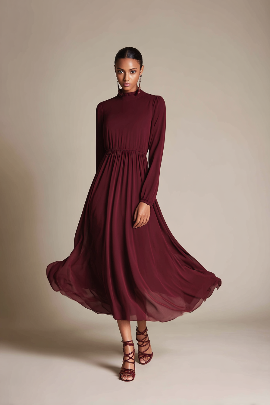 A woman in a warm brown sweater dress with a fitted silhouette, paired with knee-high leather boots and a statement belt, walking in a softly lit studio with a neutral backdrop that compliments her outfit's color palette --ar 2:3 --v 7 --style raw