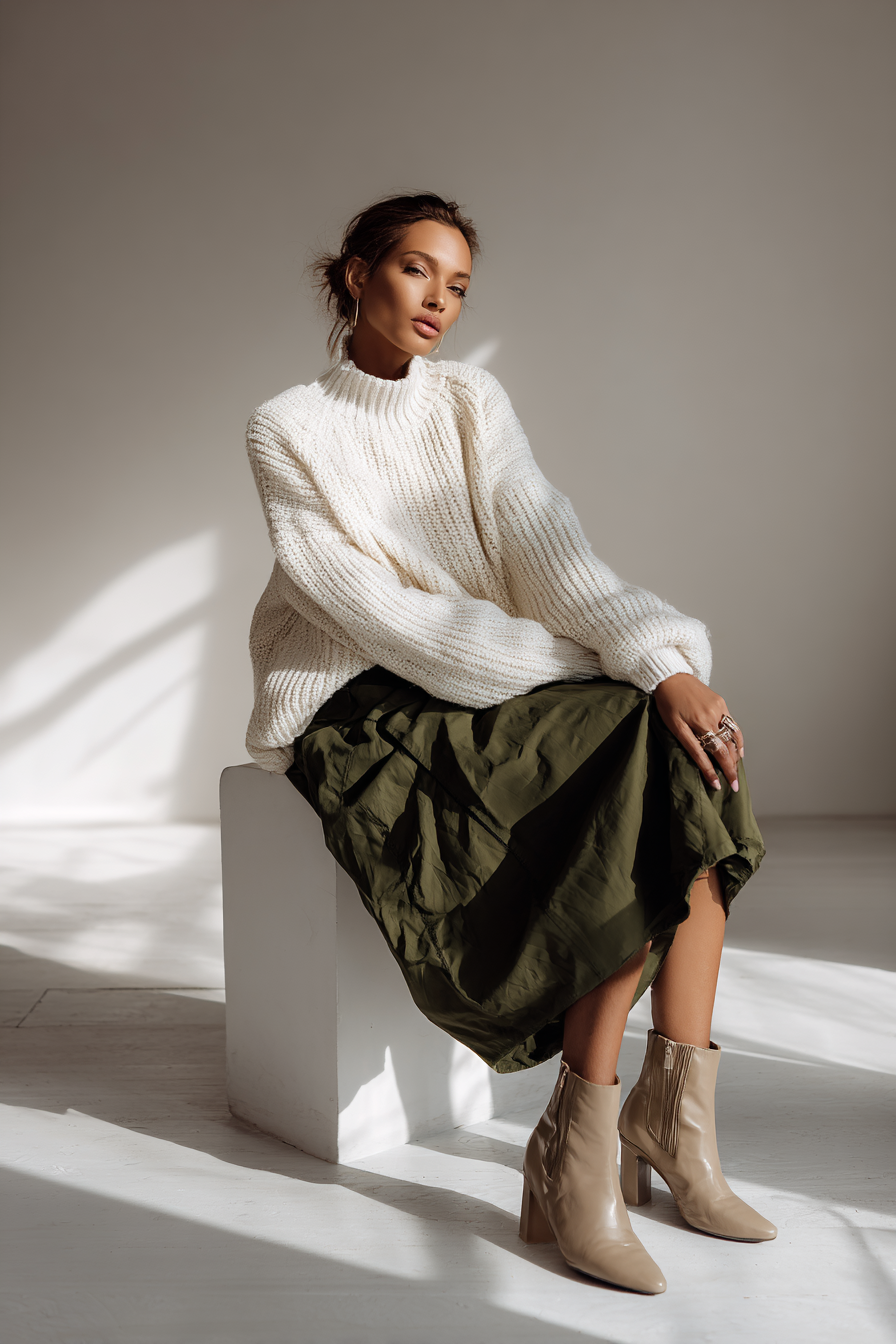 An elegant woman in a structured light blue blazer over a simple ivory turtleneck, complemented by dark denim high-waisted jeans. She accessorizes with a sleek leather handbag and classic pointed-toe heels, standing against a marble background with soft window light creating an aspirational vibe.