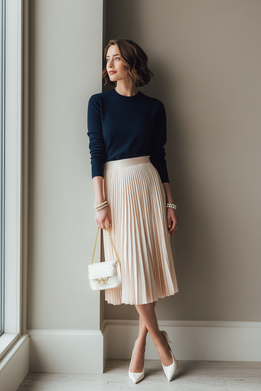 A fashionable woman showcasing a sophisticated black midi dress crafted from lightweight crepe fabric with long sleeves. She wears chic pointed-toe ankle boots and carries a minimalist black leather tote. The scene is illuminated by professional studio lighting, with a soft bokeh background that enhances the outfit's elegance. --ar 2:3 --v 7 --style raw