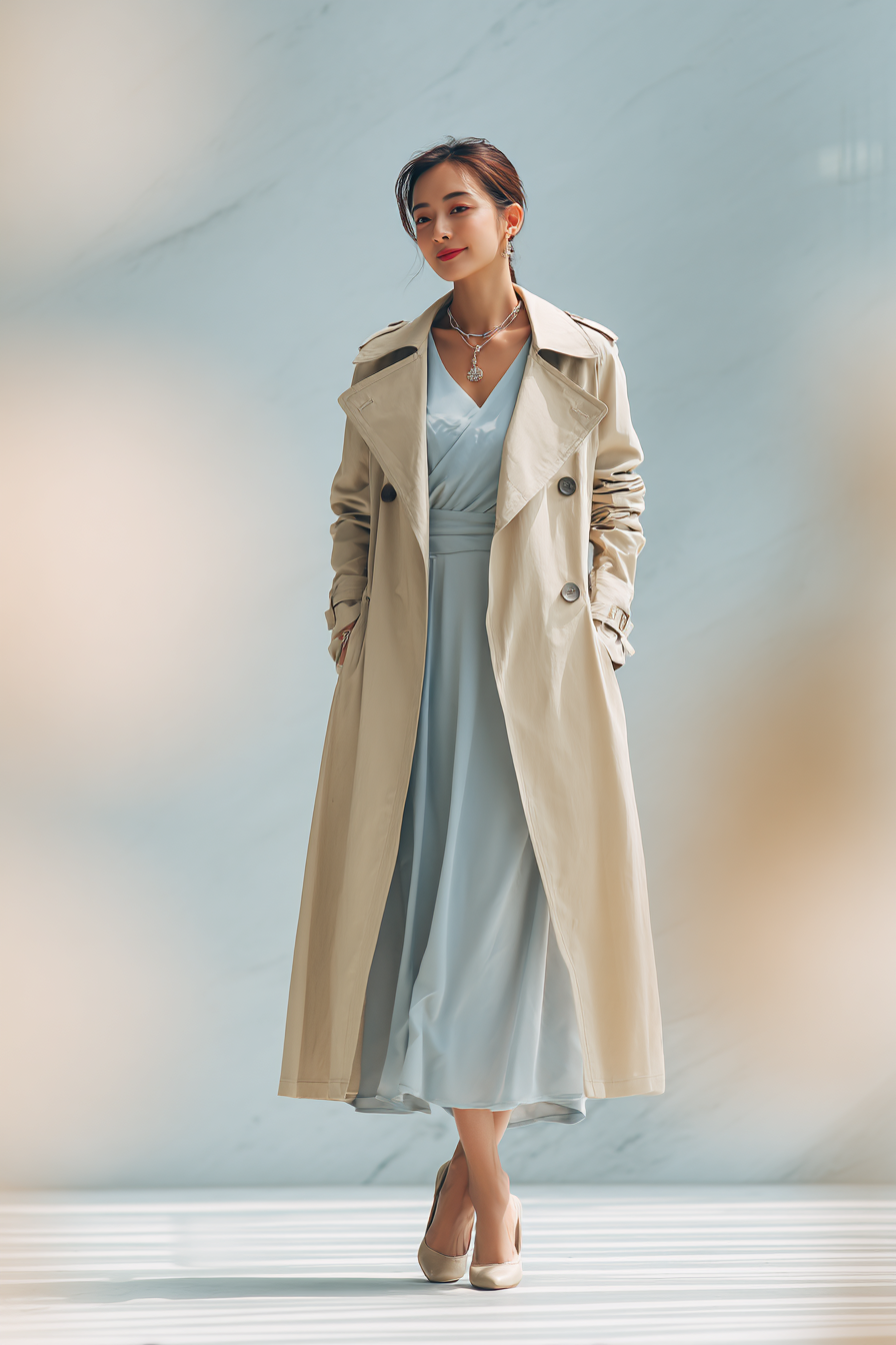 A chic woman in a light lavender midi dress with a structured bodice and flowy skirt, complemented by beige block-heeled sandals and a matching statement bracelet, posing elegantly in front of a clean cream wall, illuminated by professional studio light --ar 2:3 --v 7 --style raw