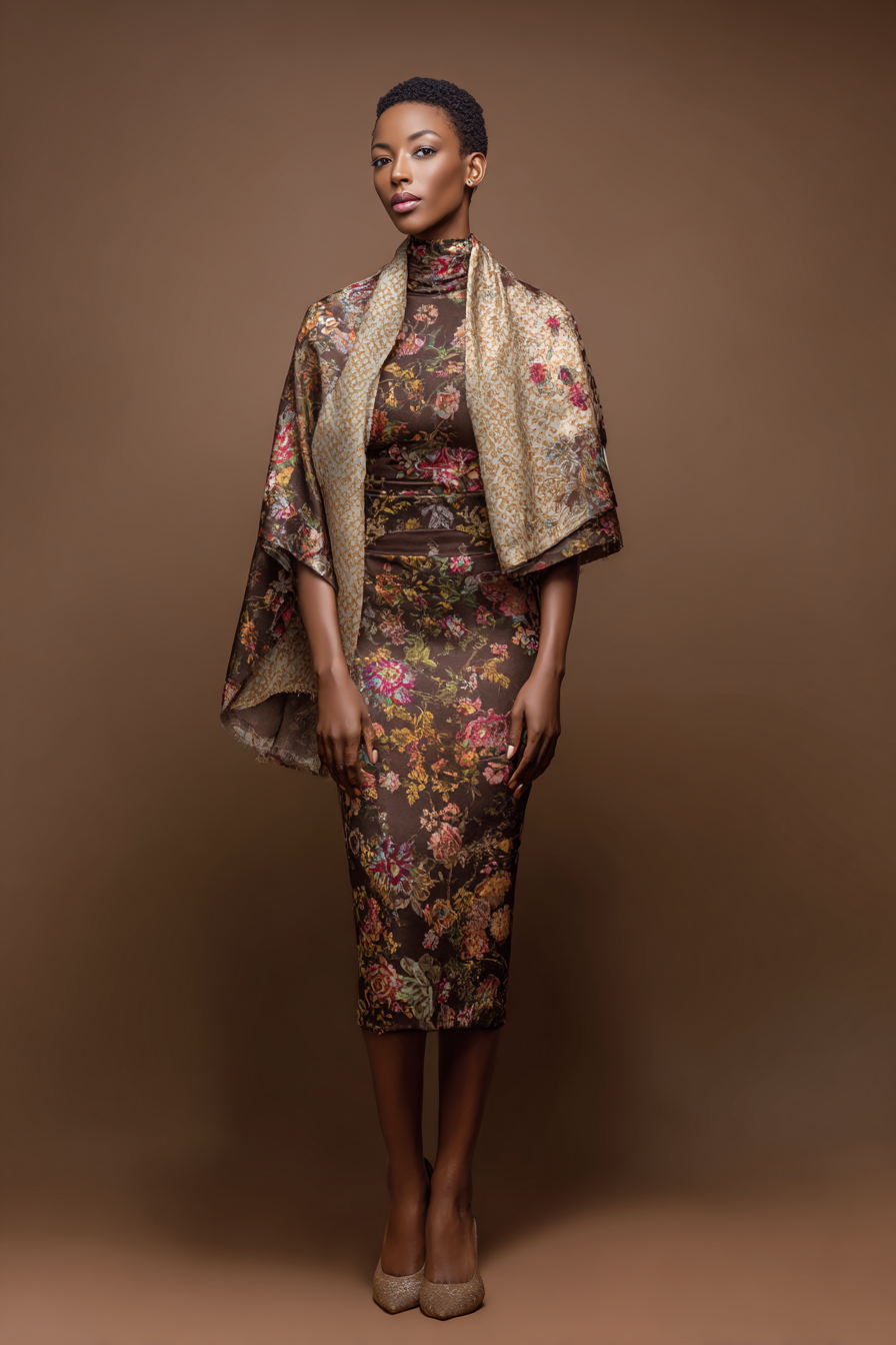 A full-body model wearing a sophisticated flowy maxi dress in deep emerald green.