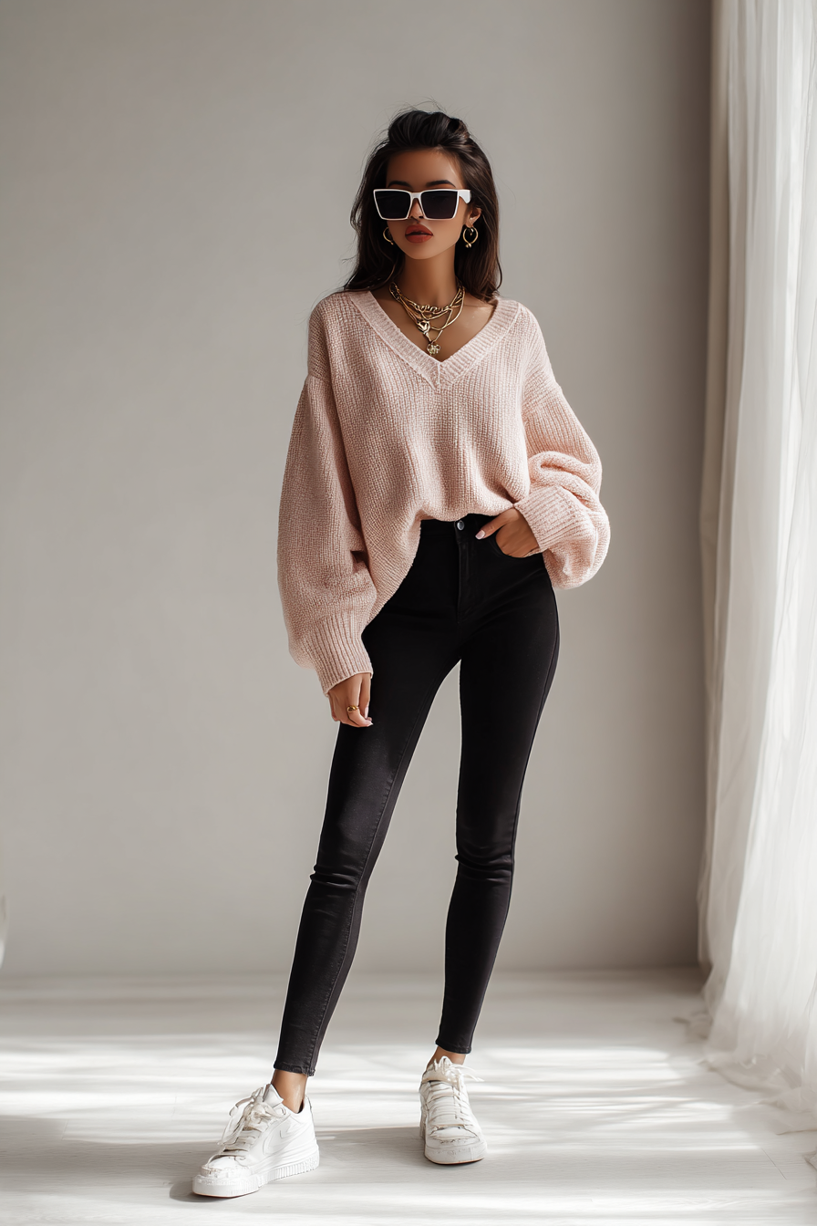 A model in a flowing white linen blouse tucked into dark olive green wide-leg trousers, complemented by tan strappy sandals. She sports a blush-colored oversized cardigan draped over her shoulders and holds a chic woven tote bag. The scene features a clean marble background bathed in soft natural light, exuding an effortless luxury vibe.