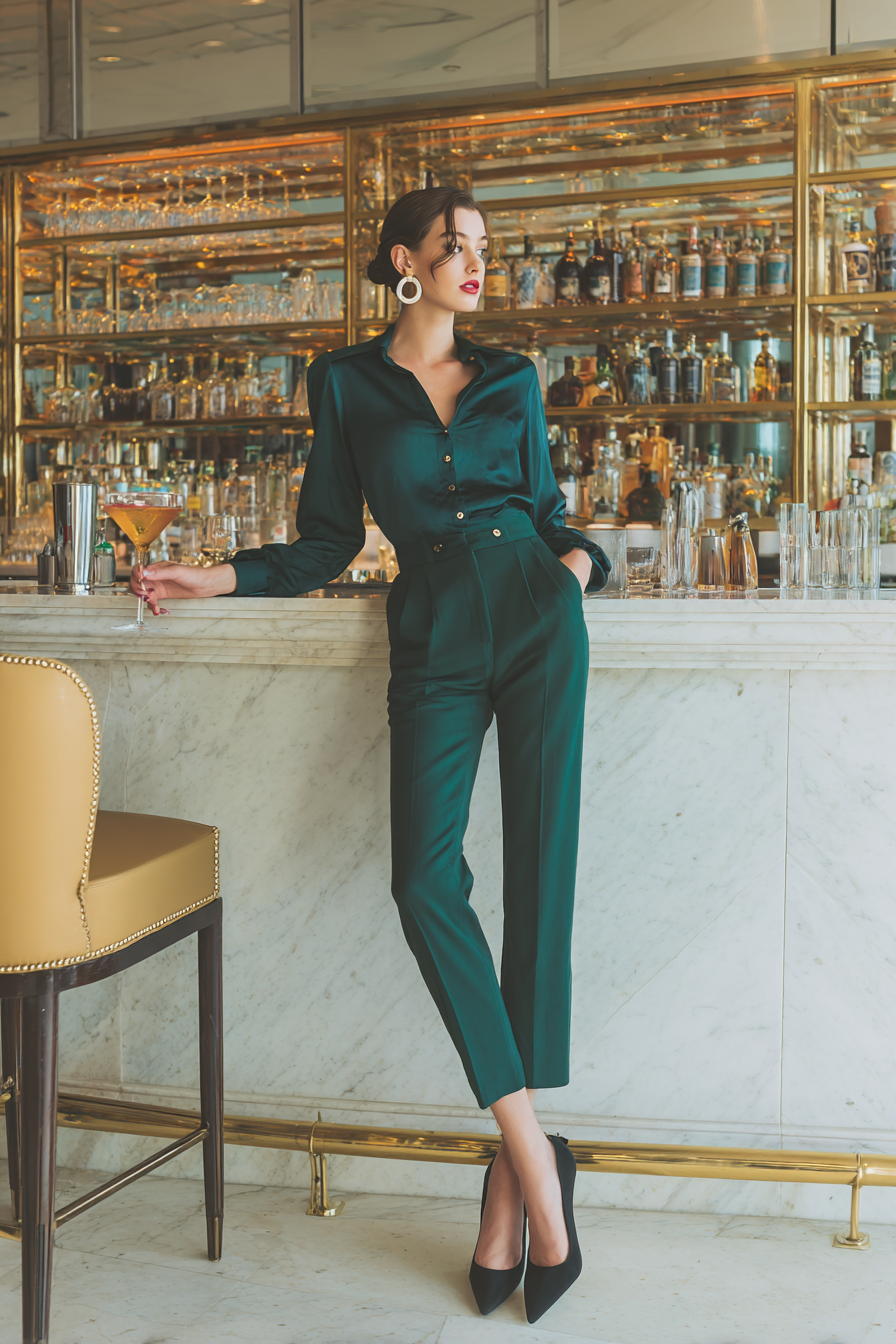 A stunning outfit featuring a fitted blouse in deep emerald paired with high-waisted tailored trousers, elegant hoop earrings, and pointed-toe heels, leaning casually against a marble bar counter, illuminated by soft studio light --ar 2:3 --v 7 --style raw