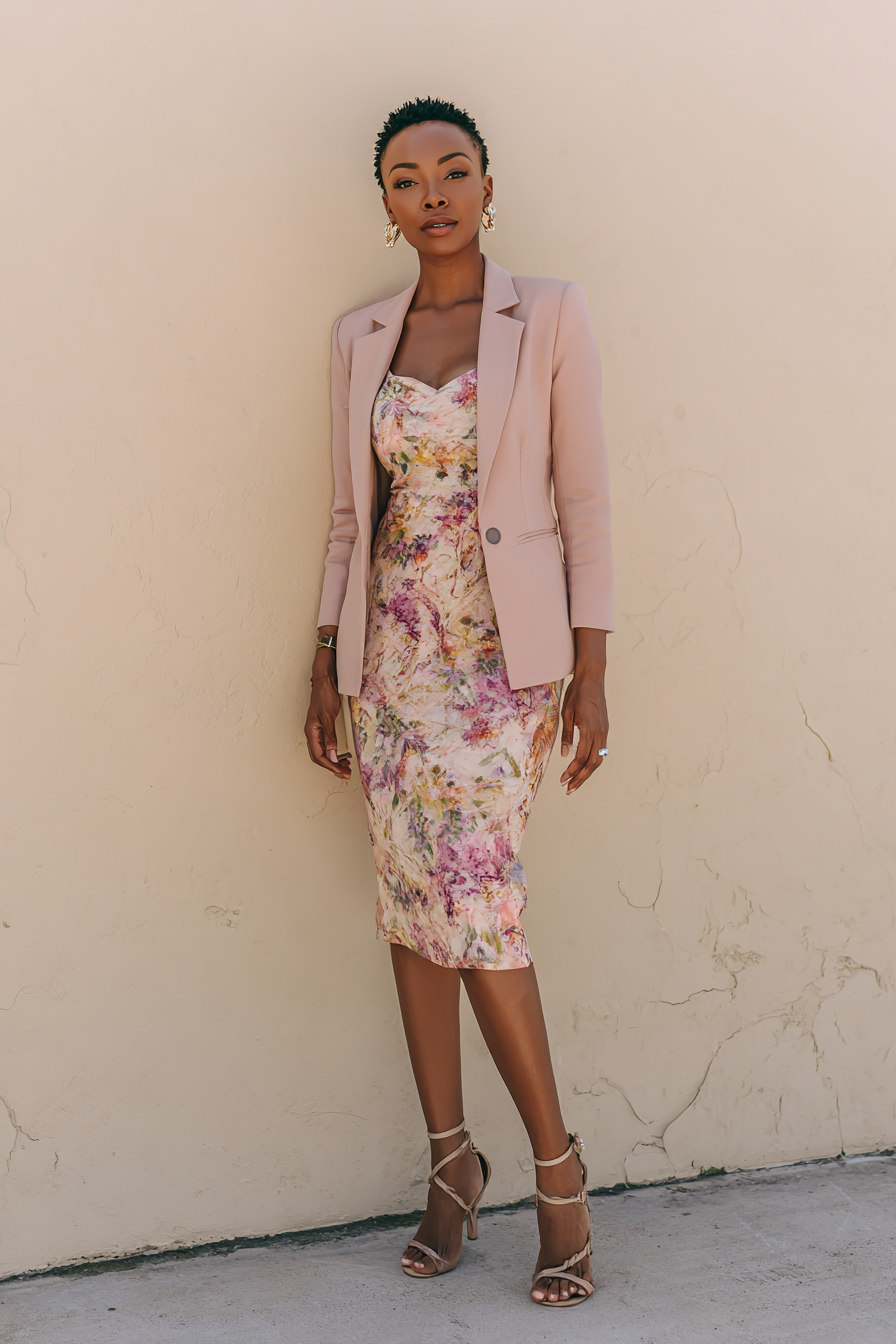 A trendy woman wearing a fitted blush pink blazer over a floral midi dress, with strappy sandals and delicate earrings for an elegant touch. Captured in natural light with a minimal cream wall backdrop, this look exudes effortless sophistication --ar 2:3 --v 7 --style raw