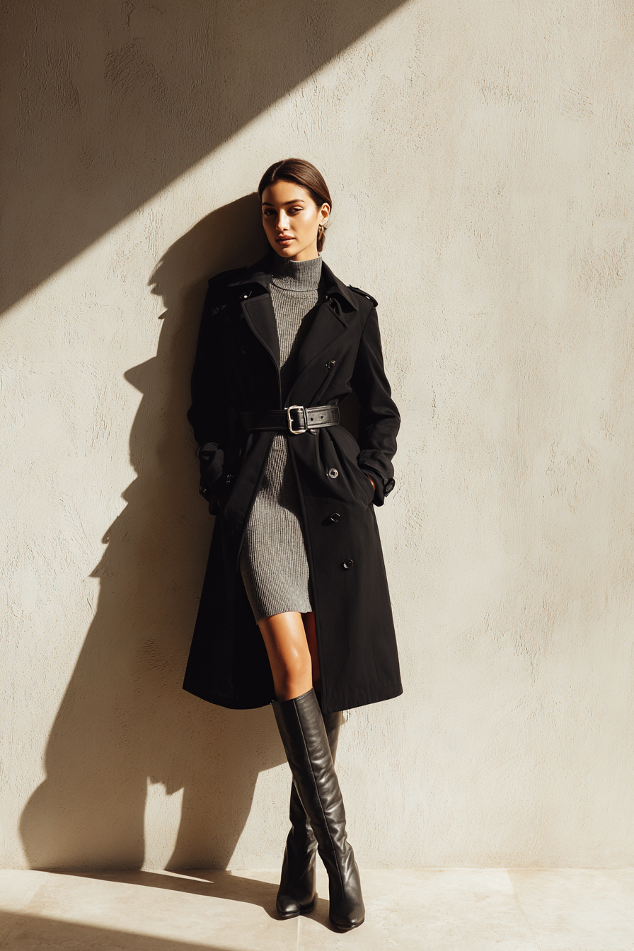A chic woman showcases a classic black trench coat belted at the waist, worn over a fitted grey dress and knee-high leather boots. She stands against a clean, neutral wall, illuminated by soft natural light, exuding effortless elegance.