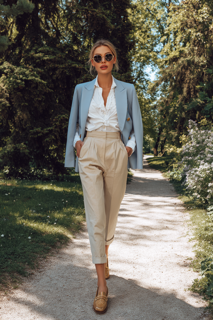 A chic young woman walking in a park, dressed in a tailored light blue blazer paired with a crisp white fitted blouse and high-waisted beige trousers. She completes the outfit with stylish loafers and oversized sunglasses. The lush greenery around her adds a fresh spring touch, perfect for a daytime look. --ar 2:3 --v 7 --style raw