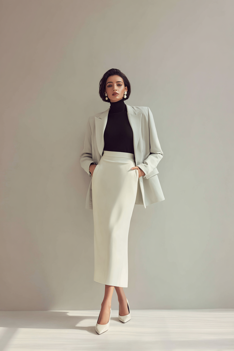 A stylish model in a sophisticated ivory tailored skirt with a structured soft lavender blazer over a simple black turtleneck.