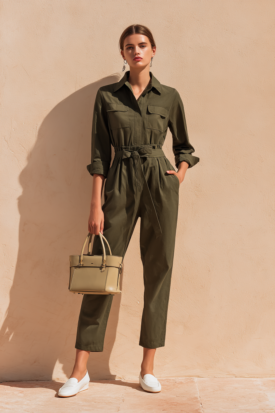 A full-body model dressed in a tailored dark olive jumpsuit with a cinched waist, styled with fitted white loafers and a matching structured handbag. Shot in soft natural light with a peachy cream wall for the background, this look is effortlessly chic and versatile. --ar 2:3 --v 7 --style raw