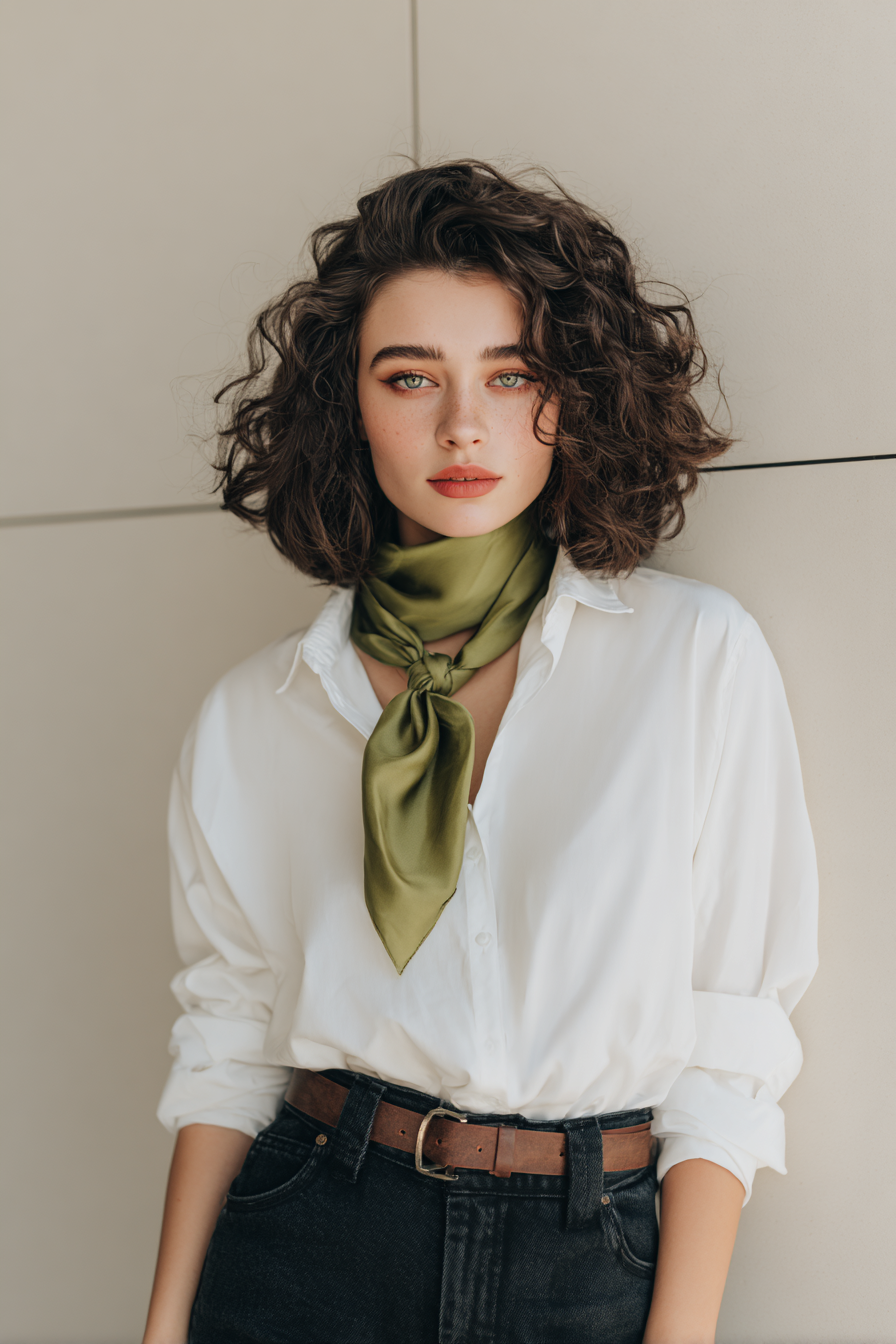 A chic woman showcases a classic white button-up shirt tucked into high-waisted dark denim jeans, paired with a soft leather belt and ankle boots. She adds a rich olive green scarf for a pop of color. The minimal cream wall background provides a clean aesthetic, enhanced by soft, natural light. --ar 2:3 --v 7 --style raw