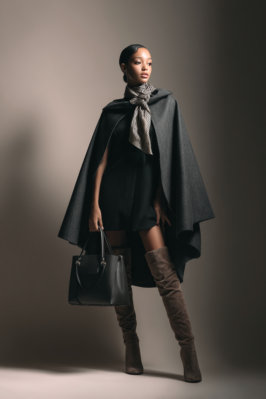 A full-body model in a sophisticated charcoal cape coat over a minimalist black dress while wearing knee-high suede boots. Accessories: a silk scarf tied elegantly and a structured handbag. Studio lighting, neutral backdrop, refined and glamorous feel --ar 2:3 --v 7 --style raw