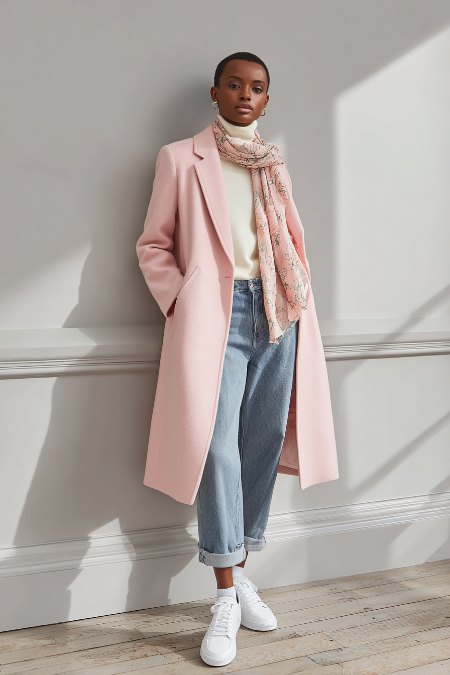 A sophisticated ensemble consisting of a fitted pastel pink tailored coat over a simple ivory turtleneck, paired with straight-leg denim and classic white sneakers. Accessorized with a chic scarf tucked in. The model is positioned elegantly in a minimal studio setting with gentle natural light --ar 2:3 --v 7 --style raw