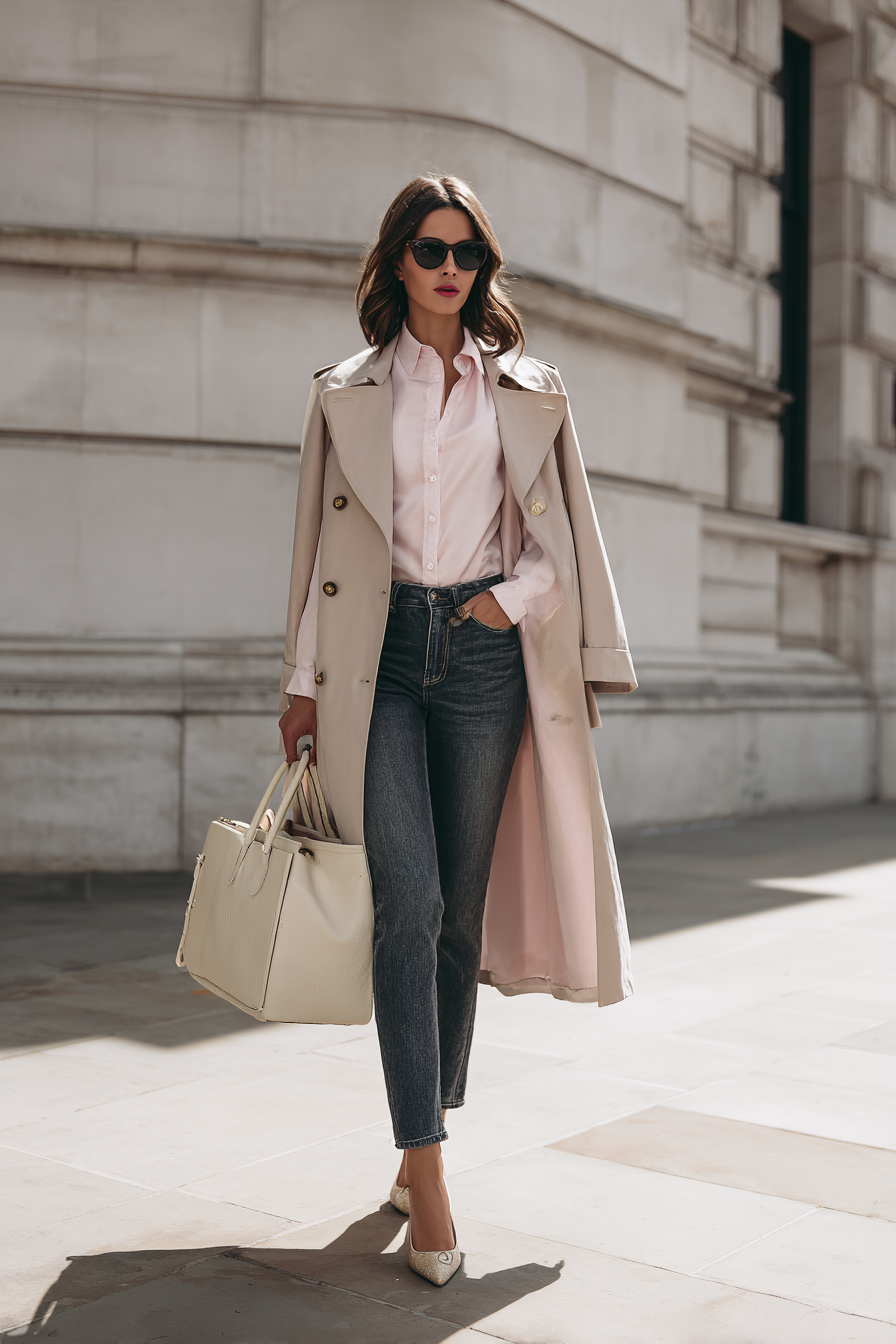 A woman styled in a light pink fitted blouse layered under a soft beige trench coat, complemented by straight dark denim jeans and pointed-toe flats. She holds a structured tote bag, with the image set in a minimalistic setting highlighting the effortless elegance and clean lines of the outfit --ar 2:3 --v 7 --style raw