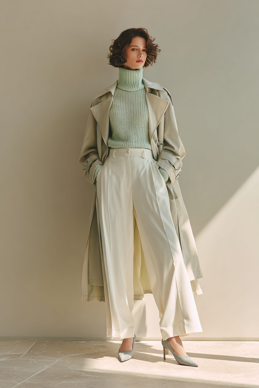 A stylish combination of a light knit turtleneck in soft mint green layered under a beige trench, teamed with wide-leg white trousers and grey heeled mules. The model poses gracefully in a softly lit neutral space, highlighting the luxurious feel of the look --ar 2:3 --v 7 --style raw