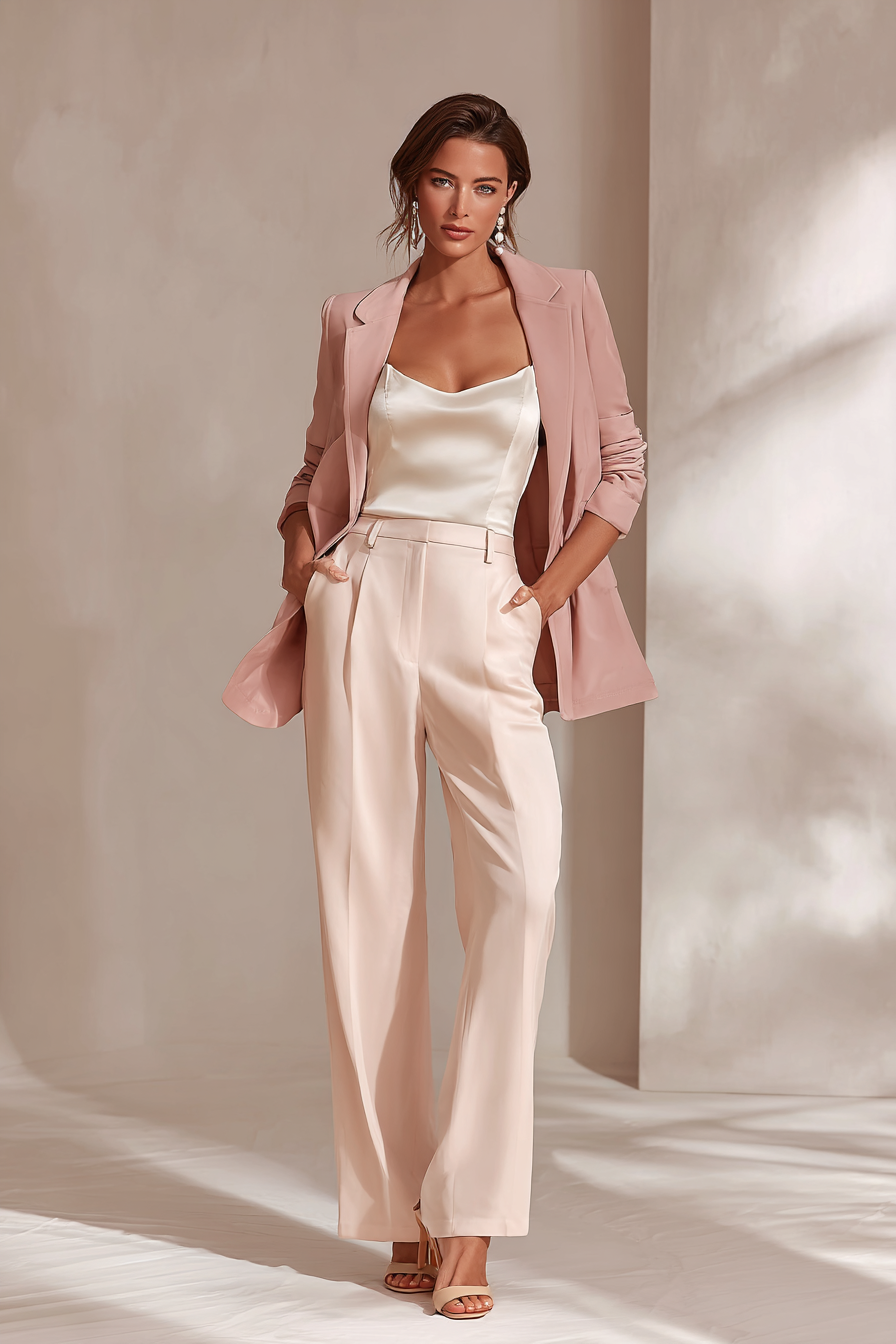 An effortlessly glamorous mob wife-inspired outfit consisting of an ivory satin cami top layered under a tailored blush pink blazer, paired with tailored wide-leg trousers. The look is elevated by strappy beige heels and pearl earrings. Captured with soft studio lighting on a minimalistic backdrop, reflecting an air of luxe and sophistication --ar 2:3 --v 7 --style raw
