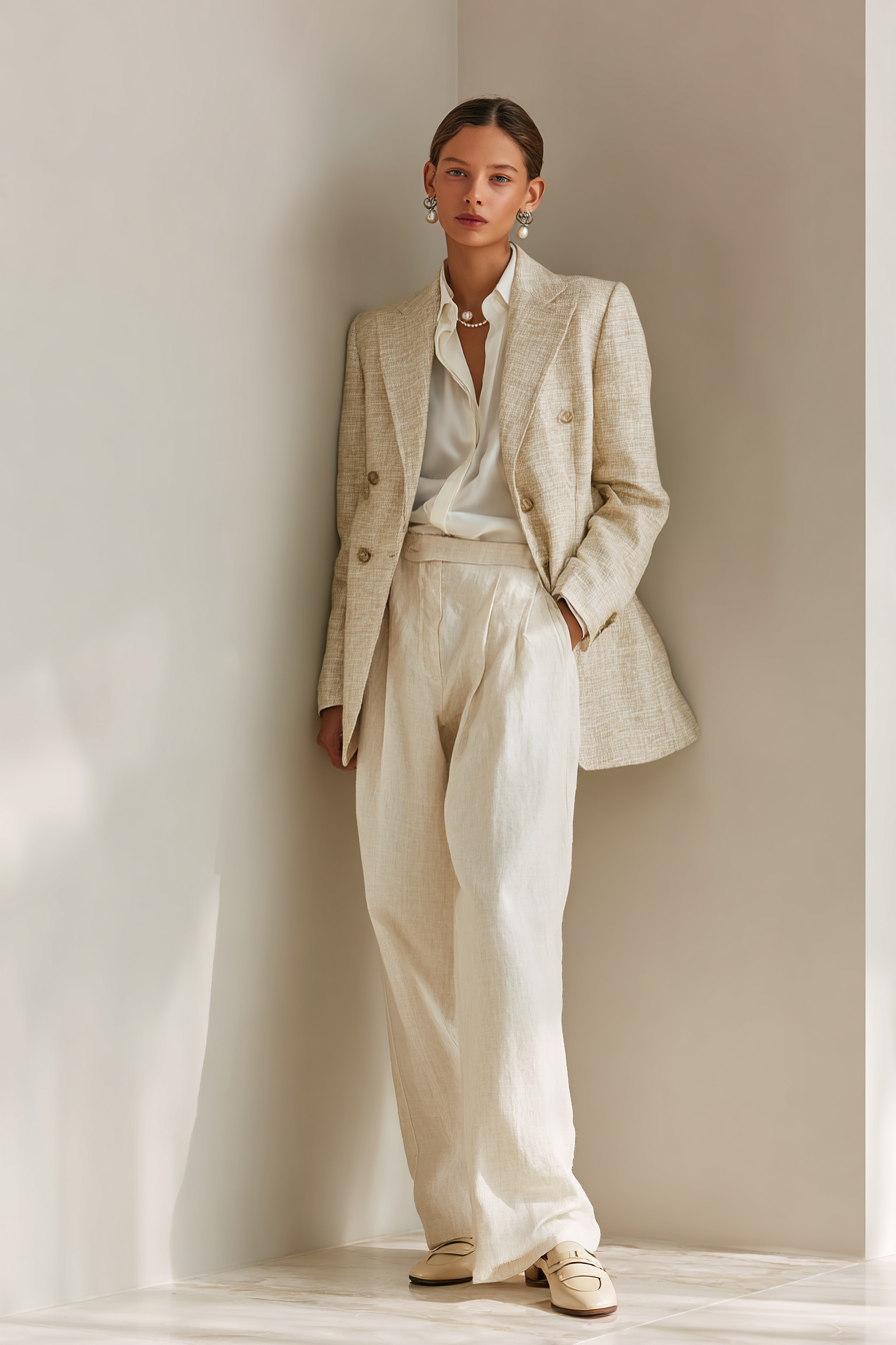 A model showcasing a tailored, structured linen blazer in a light beige tone, worn over a soft white shirt and paired with structured, wide-leg trousers. Accentuated with tasteful pearl earrings and classic loafers, she stands confidently in a clean and neutral setting, representing sophisticated, understated elegance --ar 2:3 --v 7 --style raw