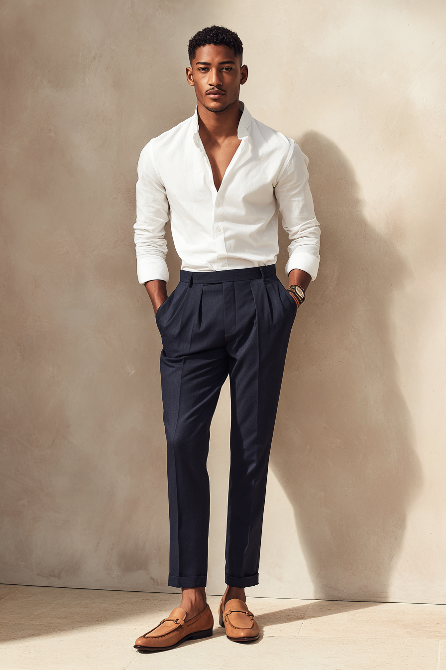 A full body model styling a minimal white button-up shirt tucked into high-rise tailored navy trousers, complemented by classic tan loafers and a simple leather wristwatch, standing against a softly textured neutral backdrop with warm natural light. The outfit highlights effortless elegance with a clean aesthetic --ar 2:3 --v 7 --style raw