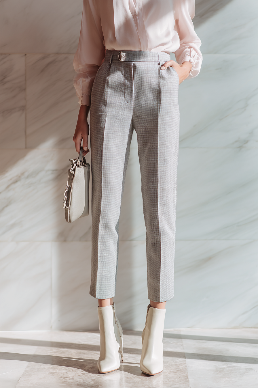 A polished woman in a light grey tailored trousers and a fitted light pink blouse, paired with stylish cream ankle boots and a minimalist crossbody bag, captured in soft natural light with a subtle marble background, exuding elegance and professionalism --ar 2:3 --v 7 --style raw