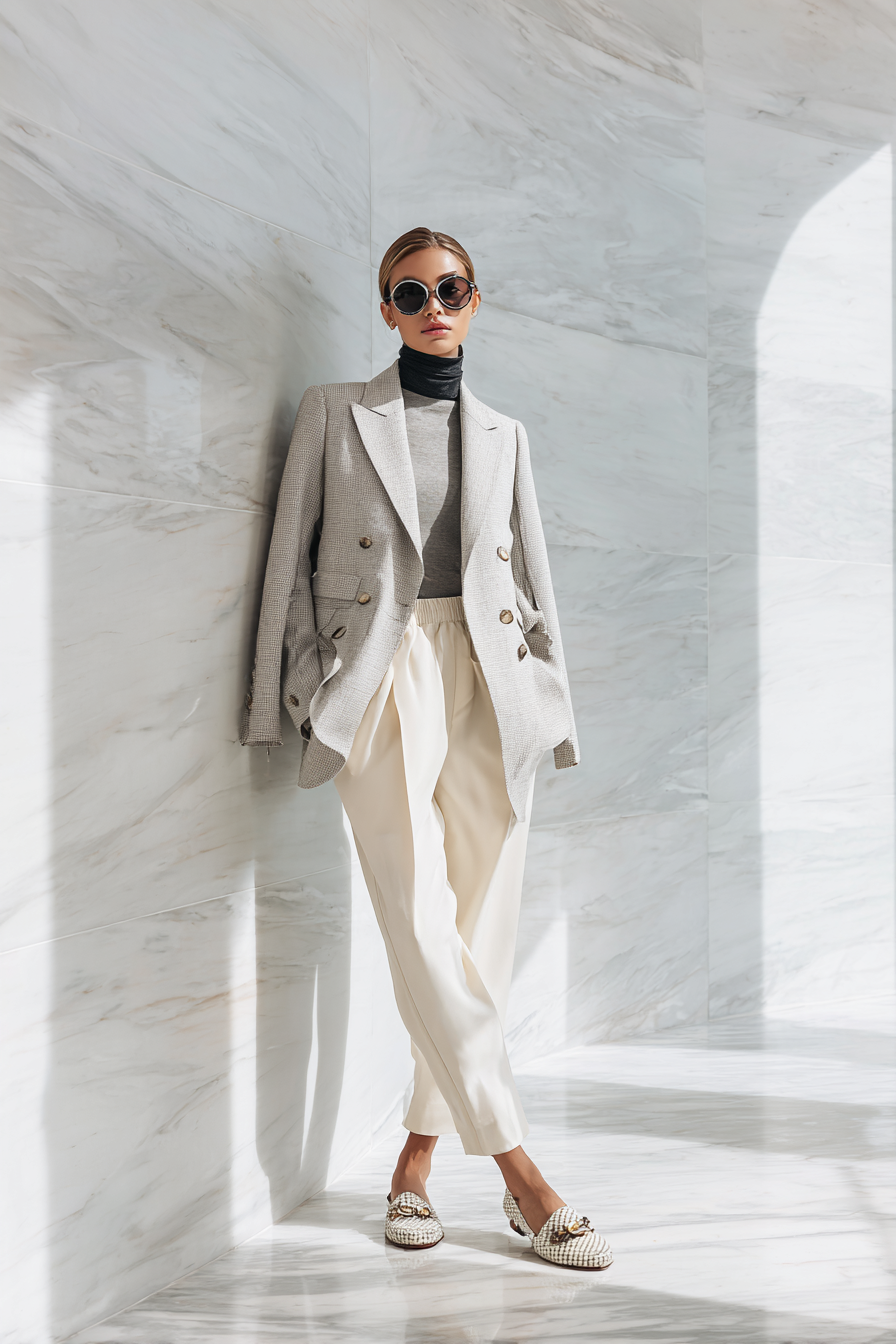 A stylish combination of a light grey double-breasted blazer over a black turtleneck and tailored cream trousers. Accompanied by embellished loafers and oversized sunglasses, the model captures a sense of modern elegance in a simple marble environment with soft professional lighting. This look is perfect for the discerning woman aiming for sophistication. --ar 2:3 --v 7 --style raw