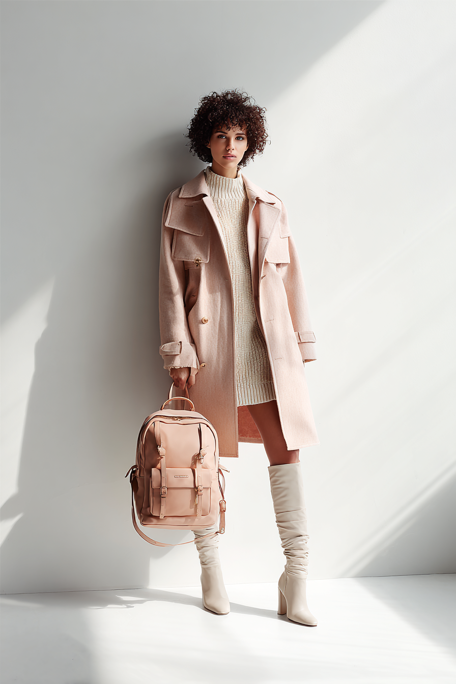 A chic model showcasing a pastel pink tailored trench coat over a simple beige knit dress, stylish knee-high boots, and a minimal leather backpack, posed in a clean white studio with soft lighting that emphasizes the sophistication and timelessness of her airport look --ar 2:3 --v 7 --style raw