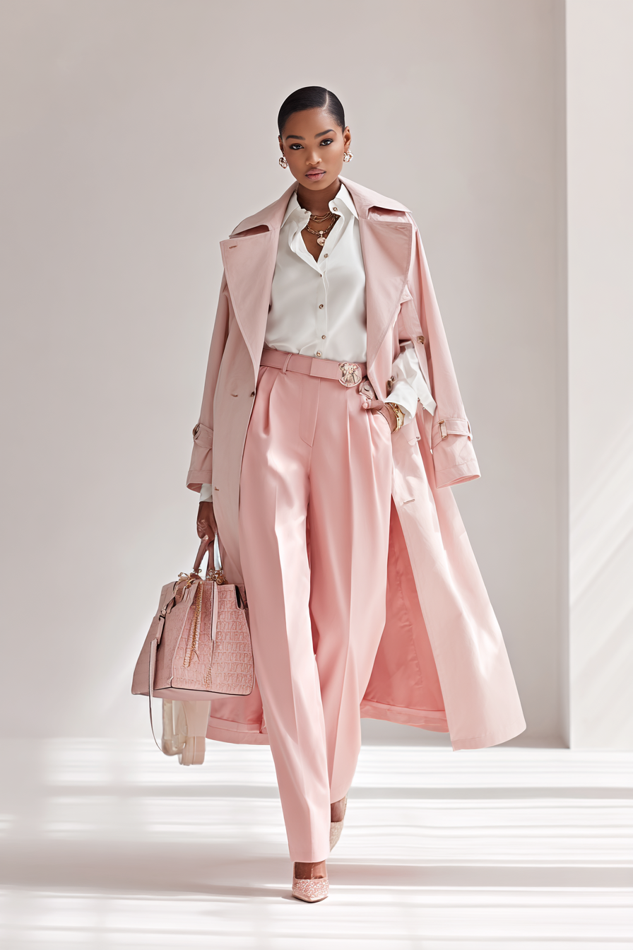 An elegant woman dons a pastel pink trench coat layered over a tailored white blouse and structured high-waisted trousers in a matching hue. The look is completed with delicate jewelry and a refined handbag, captured in a minimal studio setting with bright, diffused light for a luxurious feel.