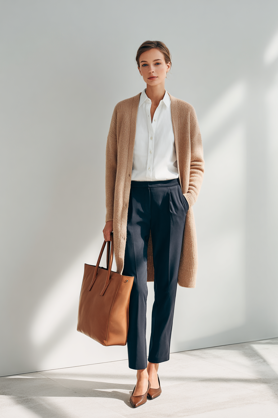 In a sophisticated ensemble, a woman wears tailored navy tailored trousers with a crisp white button-up shirt, topped with a luxurious camel cashmere cardigan. Finishing touches include pointed toe flats and a simple leather tote, adding to her refined aesthetic. The minimal setup with a soft window light creates a serene atmosphere, allowing her outfit to shine. --ar 2:3 --v 7 --style raw